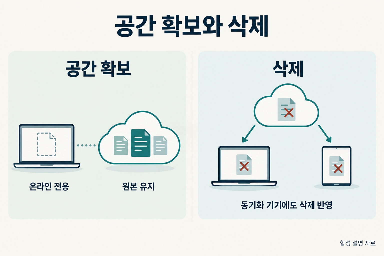 공간 확보는 클라우드 원본을 유지하고 삭제는 동기화 기기에도 반영되는 차이