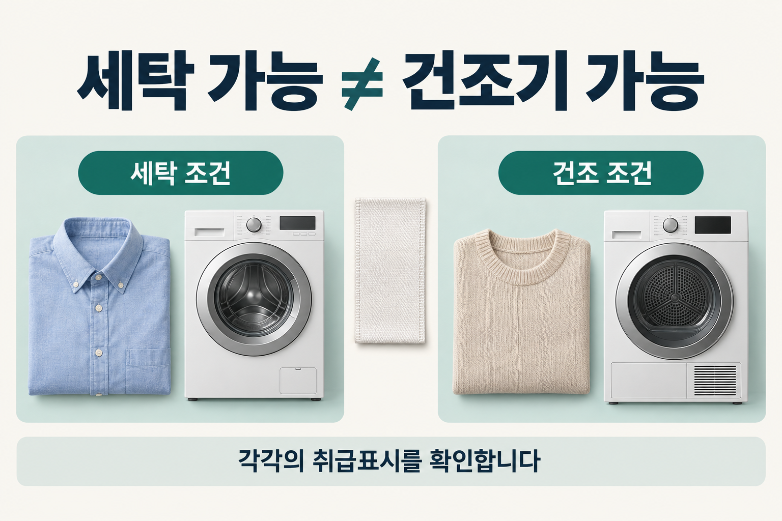 세탁 가능과 건조기 가능은 다르므로 각각의 취급표시를 확인하라는 비교 안내