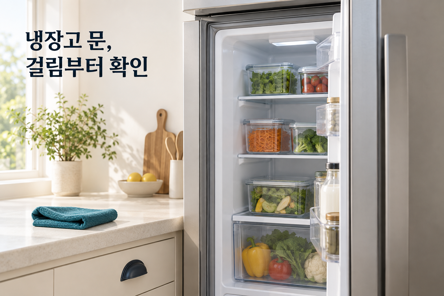 정리된 냉장고 내부와 문 패킹, 걸림부터 확인하라는 문구