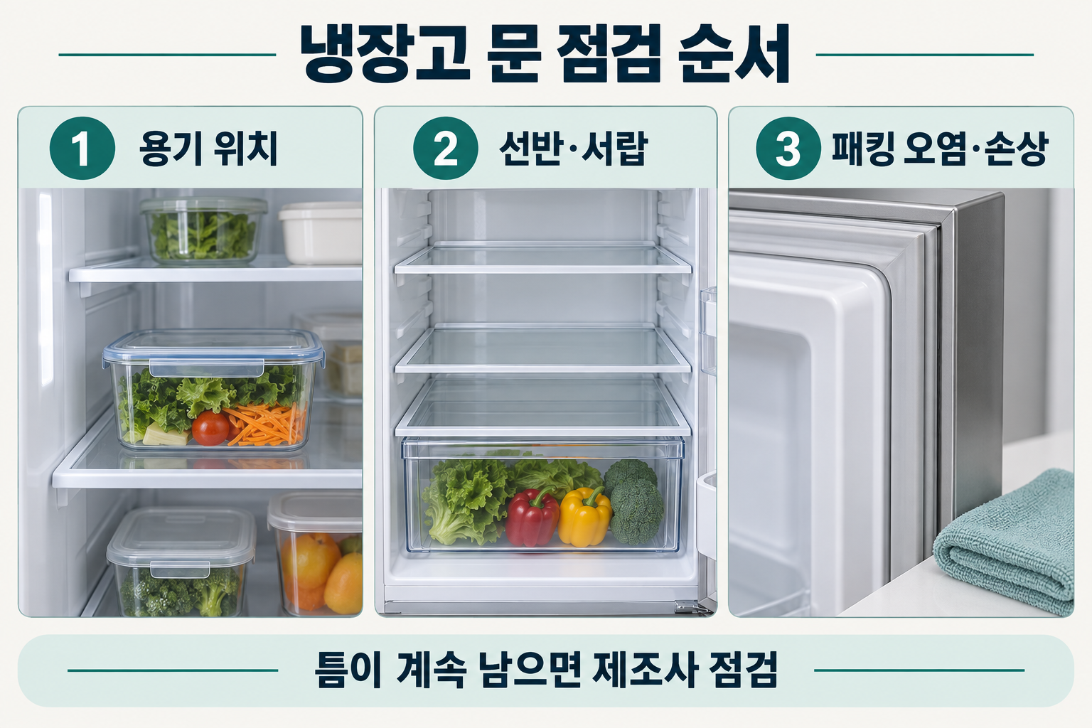 냉장고 문이 닫히지 않을 때 용기 위치, 선반과 서랍, 패킹 오염과 손상을 확인하는 순서